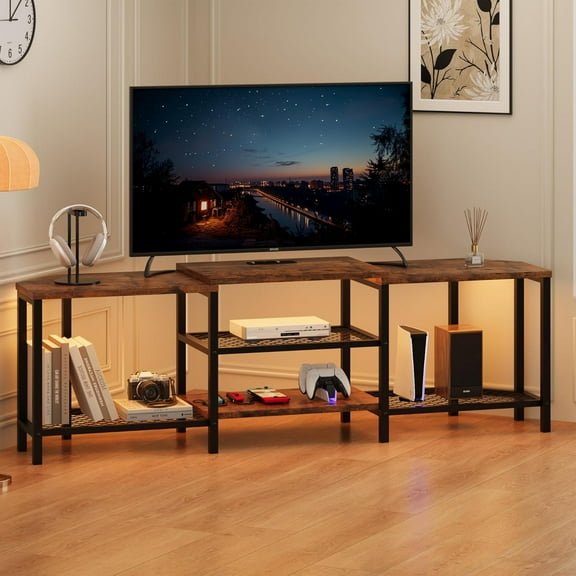 Homhougo 67 Inch Large TV Stand with LED Lights for 55/65/75 Inch TV, Corner Entertainment Center with Power Outlets, 4 Open Storage Shelves, Media Console for Living Room, Bedroom, Vintage Brown