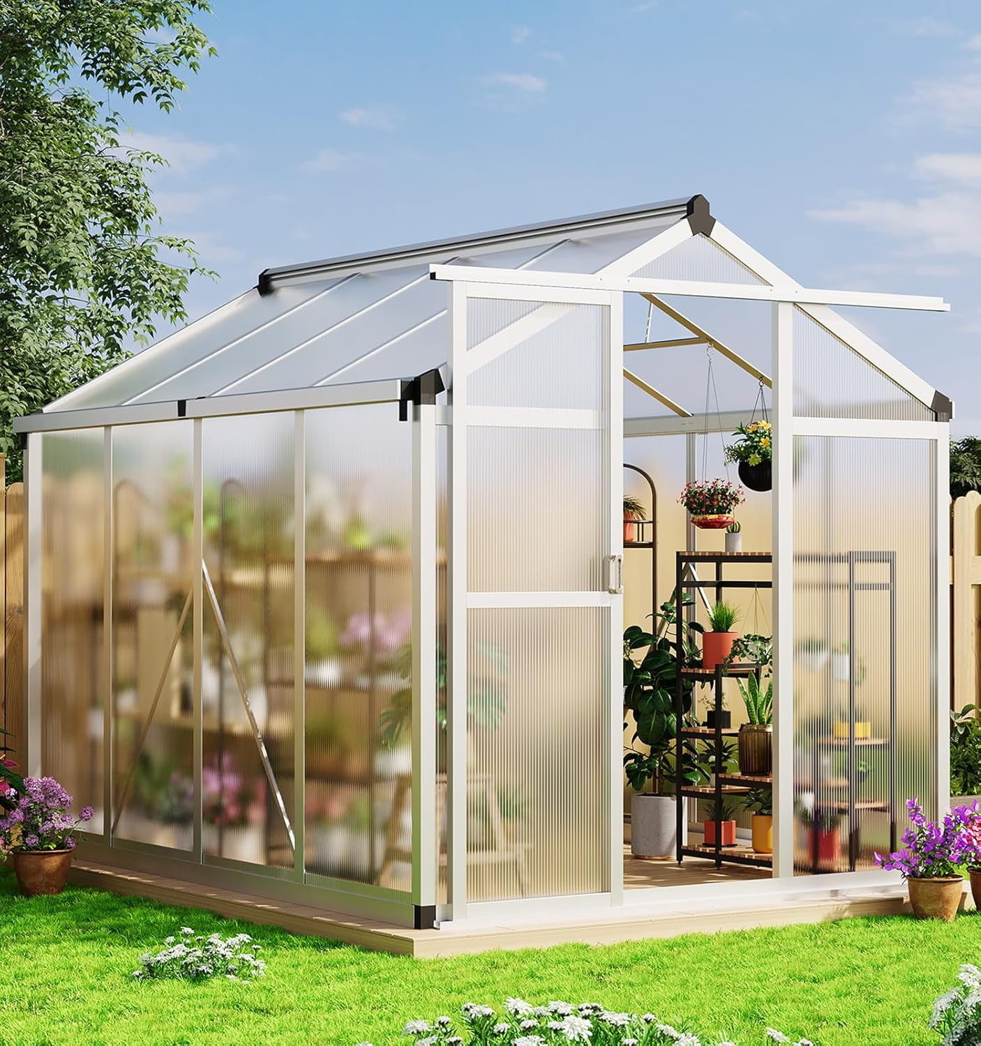 Homhougo 6x8 FT Greenhouse, Large Aluminum Greenhouses for Outdoors, Heavy Duty Polycarbonate Greenhouse with Roof Vent, Walk-in Green Houses for Winter Garden, Backyard, Patio, Lawn, Easy Assembly