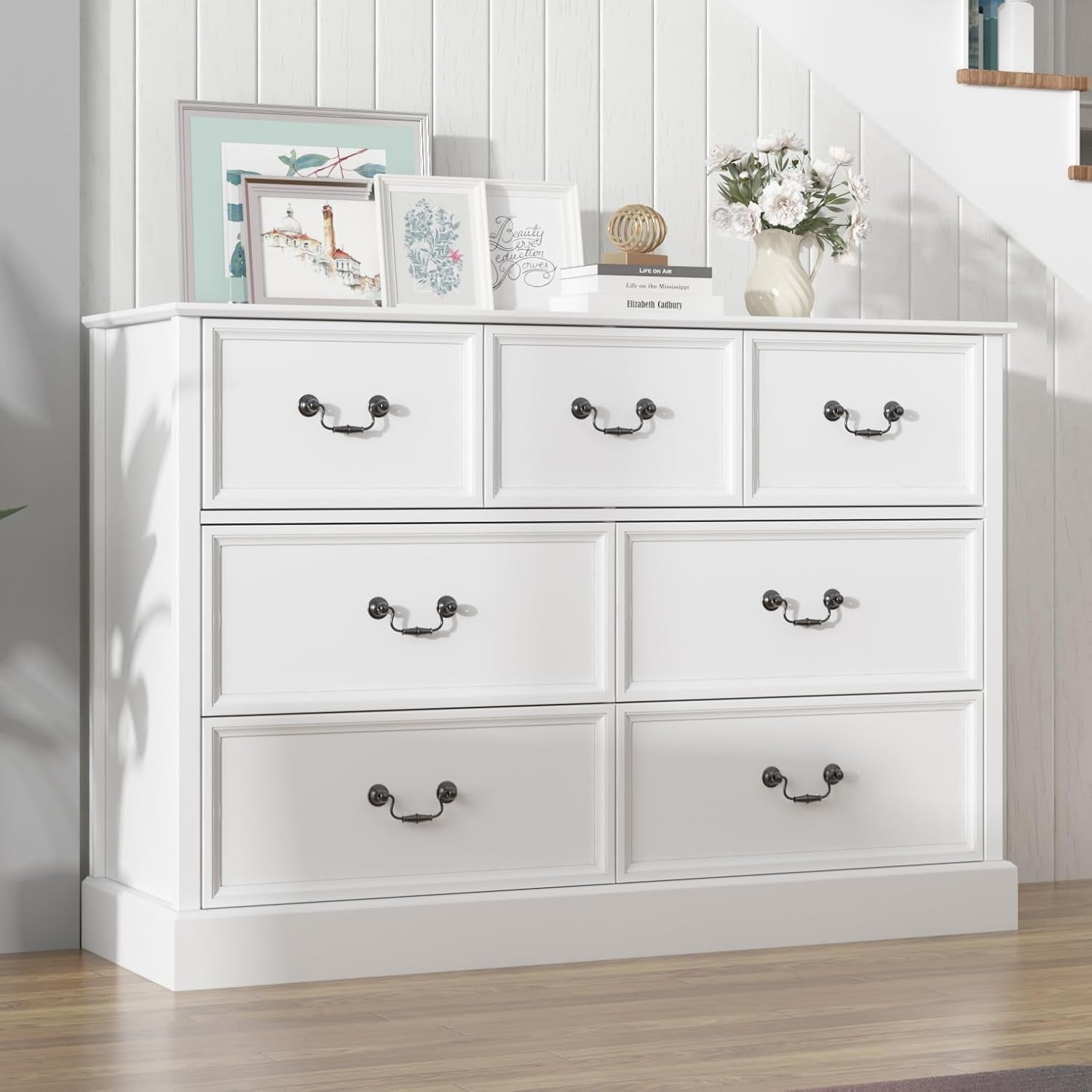 White Farmhouse 47.2" MDF 7-Drawer Dresser Chest
