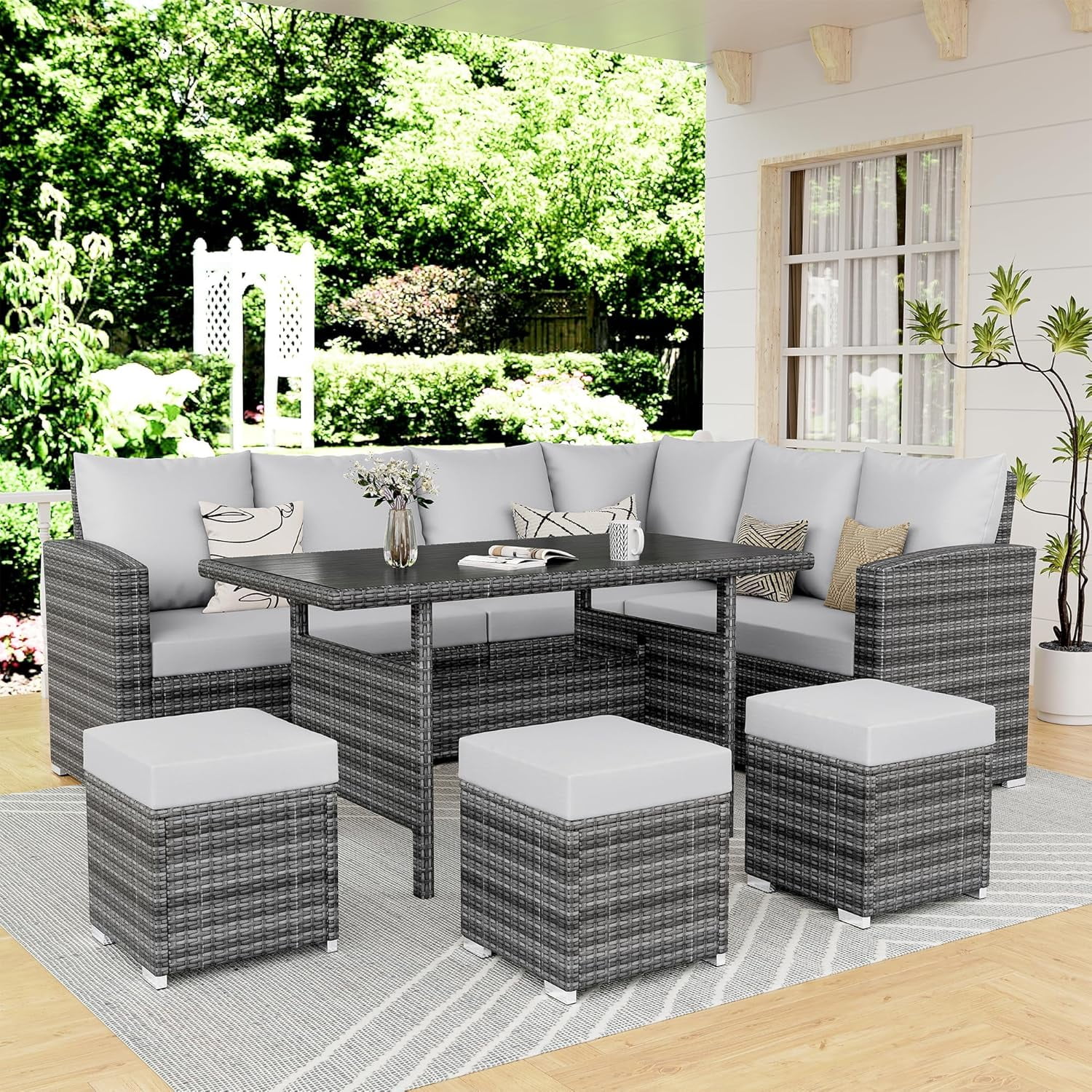 Outsunny 6 Pieces Rattan Garden Furniture Set, 5 Seater Garden Sofa Set with Thickened Cushions, Glass Top Coffee Table and Ottomans, Outdoor Sectional Conservatory Furniture with Pillows, Grey main image 1