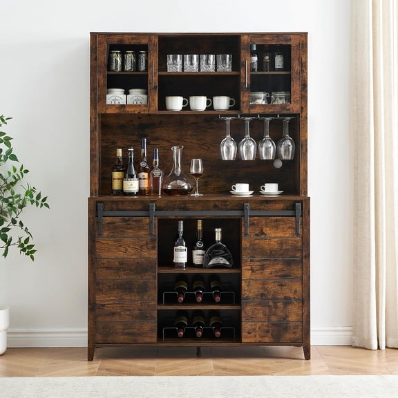 Homhougo 70" Farmhouse Coffee Bar Wine Cabinet with Sliding Barn Doors and Storage, Tall Kitchen Hutch with Wine & Glasses Rack, Pantry Cabinet for Kitchen, Dining Room, Brown
