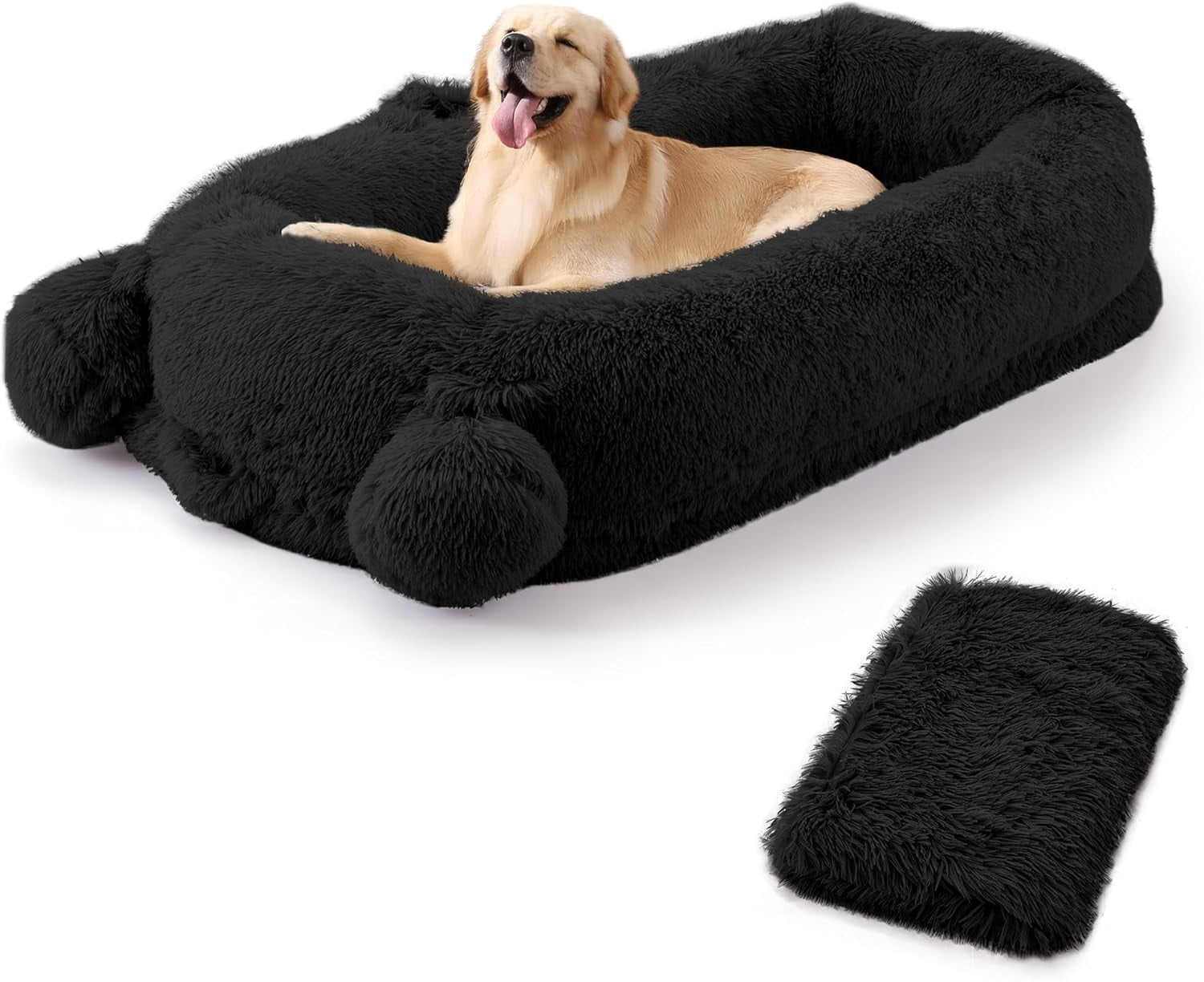 Homhougo 71" L Human Dog Bed with Blanket, 2 Side Storage Pockets and Portable Handle, Removable Cover, High-Density Foam Human Size Dog Bed for Adult, Black