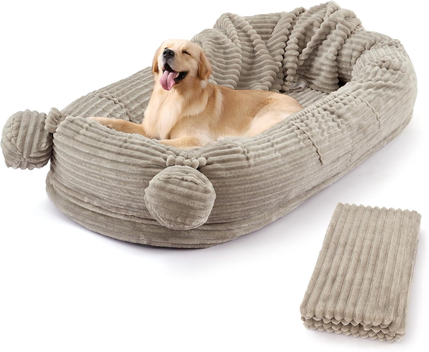 Homhougo 71" L Human Dog Bed with Blanket, 2 Side Storage Pockets and Portable Handle, Removable Cover, High-Density Foam Human Size Dog Bed for Adult, Khaki