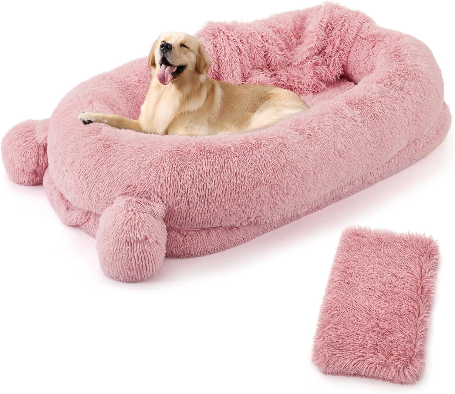 Homhougo 71" L Human Dog Bed with Blanket, 2 Side Storage Pockets and Portable Handle, Removable Cover, High-Density Foam Human Size Dog Bed for Adult, Pink