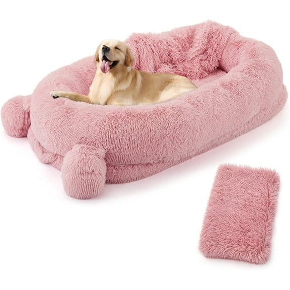 Homhougo 71" L Human Dog Bed with Blanket, 2 Side Storage Pockets and Portable Handle, Removable Cover, High-Density Foam Human Size Dog Bed for Adult, Pink