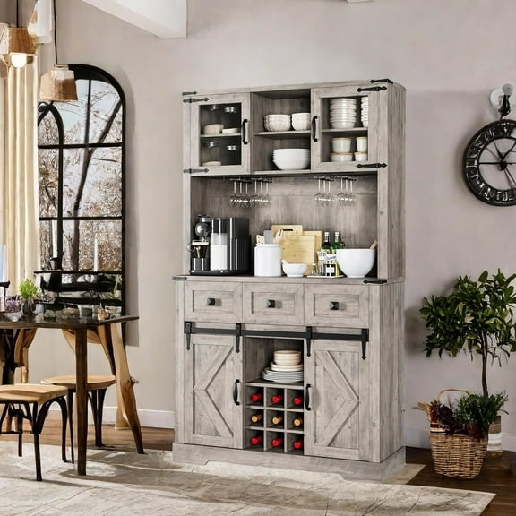 Homhougo 72" Farmhouse Bar Cabinet with Sliding Barn Door, Tall Kitchen Buffet with Storage Hutch and 3 Drawers, Rustic Coffee Wine Bar Sideboard with Wine & Glasses Rack, for Living Room, Grey