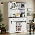 thumbnail image 1 of Homhougo 72" Farmhouse Bar Cabinet with Sliding Barn Door, Tall Kitchen Buffet with Storage Hutch and 3 Drawers, Rustic Coffee Wine Bar Sideboard with Wine & Glasses Rack, for Living Room, White, 1 of 8