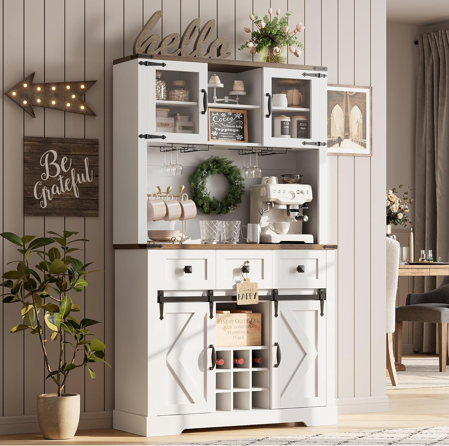 Homhougo 72" Kitchen Pantry Storage Cabinet with Hutch and Sliding Barn Door, Farmhouse Tall Buffet Cabinet with Drawers, Large Coffee Bar with Wine & Glasses Rack, for Home Living Room, White