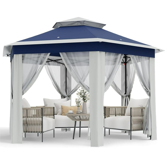 Homhougo 79.5" Foldable Gazebo Tent, Outdoor Canopy Tent with Mosquito Netting, Double-Layer Pop Up Canopy for Backyard & Patio Furniture, Wether-Resistant Pergola, Carpa, Sun Shelter, Blue