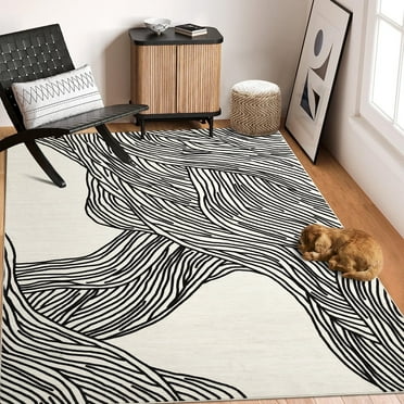 Homhougo- 8'x10' Rugs for Living Room Bedroom Indoor Abstract Stripes Print Accent Rug Modern Boho Rug Non Slip Backing Low Pile Rug, Black White