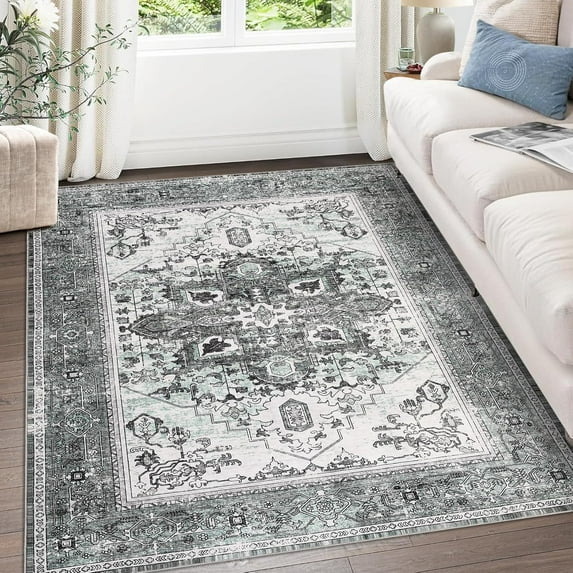 Homhougo 8x10 Vintage Boho Washable Area Rug, Non-Slip Soft Low Pile Carpet, Stain Resistant Living Room Bedroom Office Rug, Grey