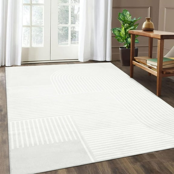 Homhougo 8x10 Washable Modern Abstract Area Rug, Non-Slip, Stain Resistant, Low Pile Non-Shedding Geometric Carpet for Living Room, Bedroom, Beige