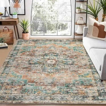 Homhougo-8x10 Washable Rugs Boho Tribal Rug Vintage Persian Distressed Area Rug Floral Print Floor Carpet Oriental Carpet for Dining Room Home Office, Green/Brown