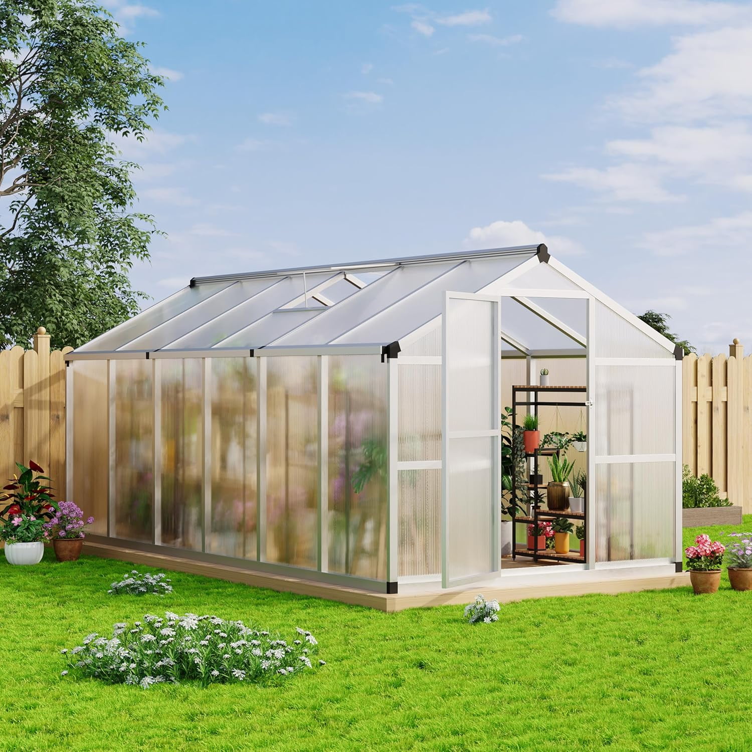Homhougo 8x12 FT Greenhouse for Outdoors, Large Aluminum Greenhouses with Roof Vent, Polycarbonate Aluminum Greenhouse Heavy Duty, Walk-in Green Houses for Winter Garden, Backyard, Patio, Lawn
