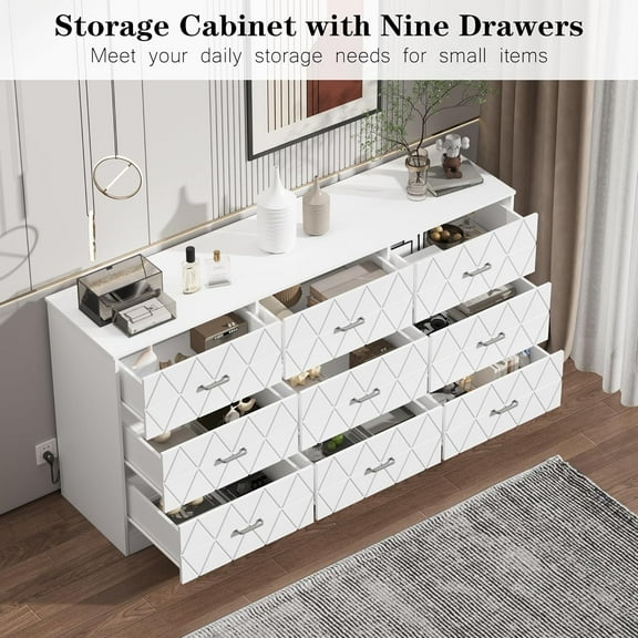 Homhougo 9 Drawer Dresser, 63'' Wooden Large Dresser with Power Outlet Wide Drawer, Modern Chest of Drawers for Closet, Storage Organizer Long Dresser for Hallway, Living Room, White