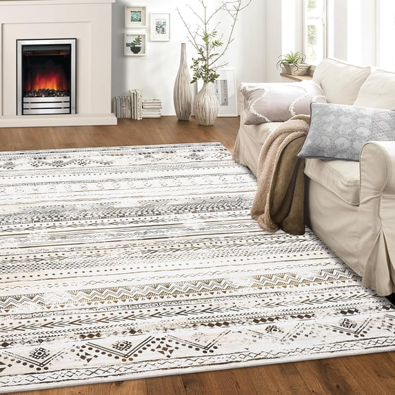Homhougo 9x12 Machine Washable Geometric Area Rug, Soft Low Pile Non-Slip Modern Striped Carpet for Living Room, Bedroom, Nursery, Office, Brown