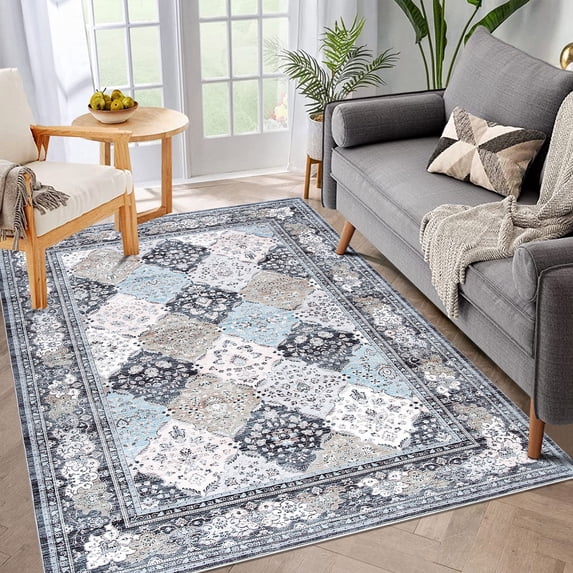 Homhougo- Area Rug 4'x6' Washable Living Room Rug Moroccan Trellis Area Rug Vintage Floral Print Accent Throw Rug Non Slip Distressed Rugs for Bedroom, Blue