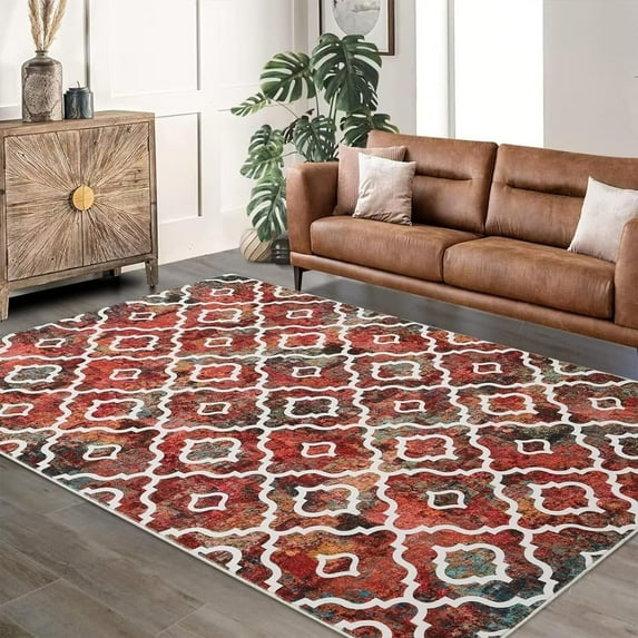 Homhougo—Area Rug 5x7 Farmhouse Geometric Moroccan Rug Washable Print Rug Living Room Bedroom Rug for Dining Room Home Office, Red