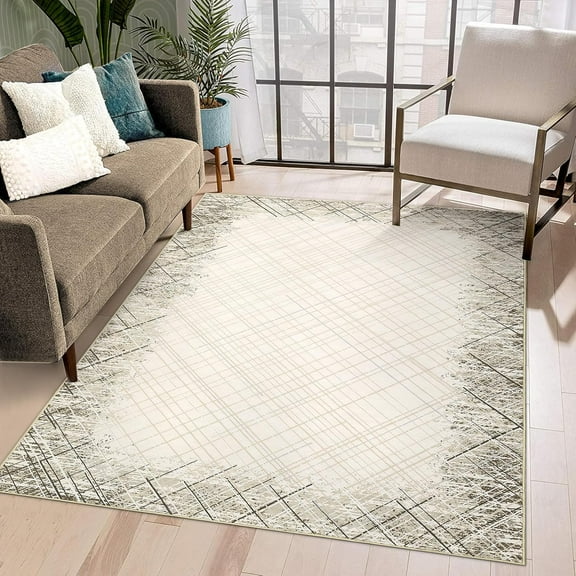Homhougo Area Rug 5x7 Machine Washable, Modern Bordered Non-Slip Carpet, Stain Resistant Low-Pile Accent Rug for Bedroom, Dining, Office, Farmhouse, Taupe
