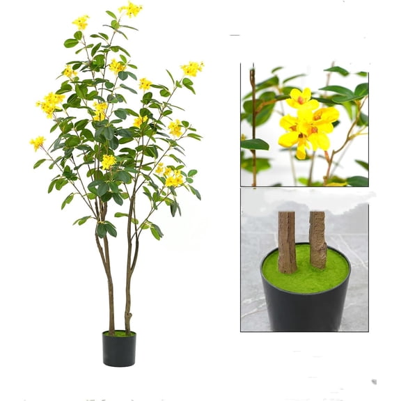 Homhougo Artificial Flower Tree, 150cm Blooming Flower Artificial Tree with Potted, Faux Floor Plants for Garden Home Wedding Party