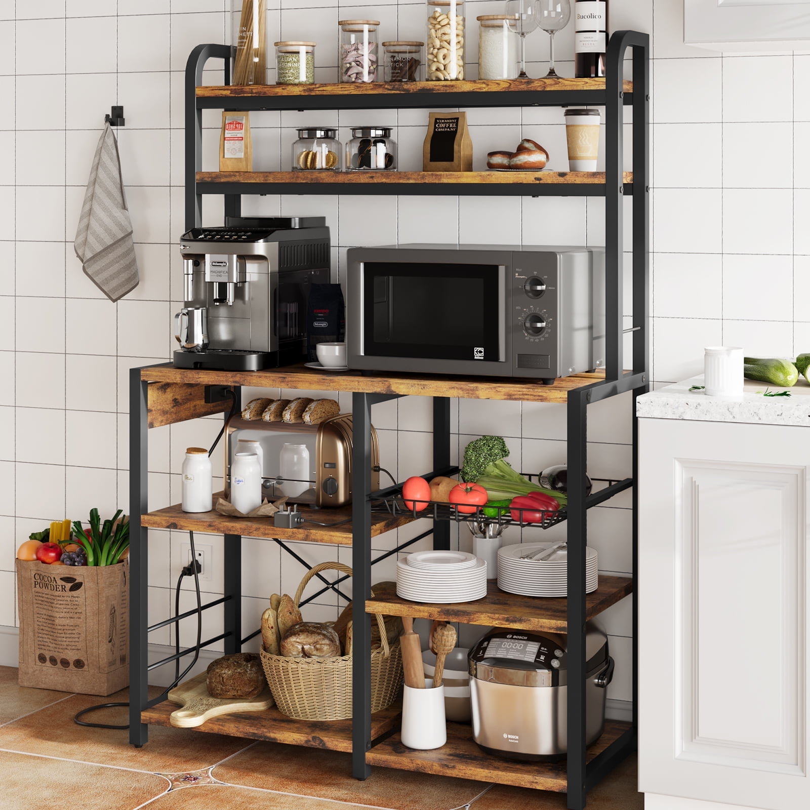 Homhougo Bakers Rack with Power Outlet Coffee Bar with Wire Drawer Industrial Microwave Stand 6 Tier Kitchen Storage Rack with Hutch