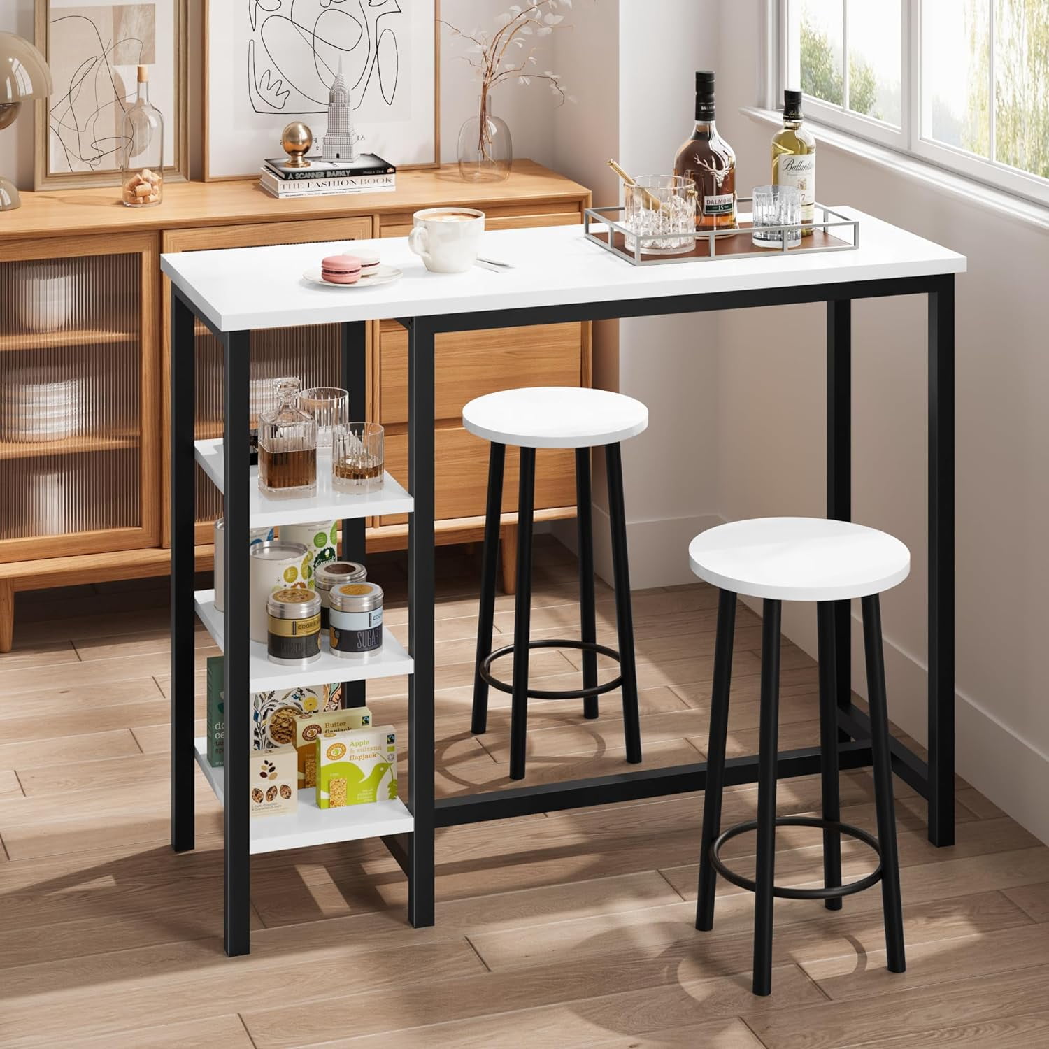 Homhougo Bar Table Set of 2 with Storage Shelves, 47" White Faux Marble ...