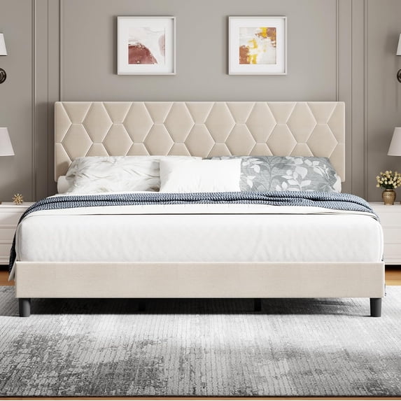 Homhougo Beige King Bed Frame with Upholstered Headboard, Upholstered Bed Frame, Heavy-Duty Platform Bed Frame with Adjustable Headboard, Strong Wood Slat Support/No Box Spring Needed/Noise Free