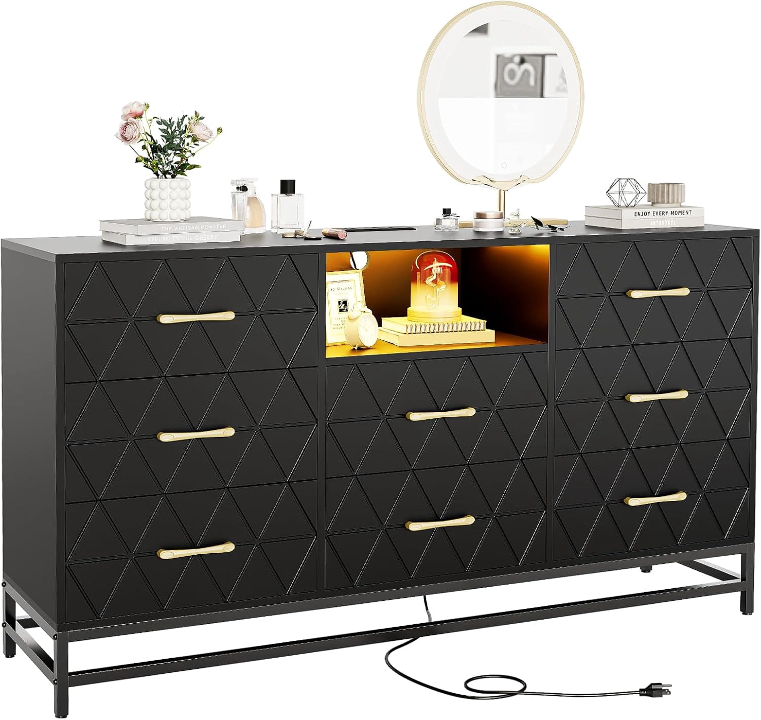Homhougo Black Dresser for Bedroom with LED Light & Charging Station ...