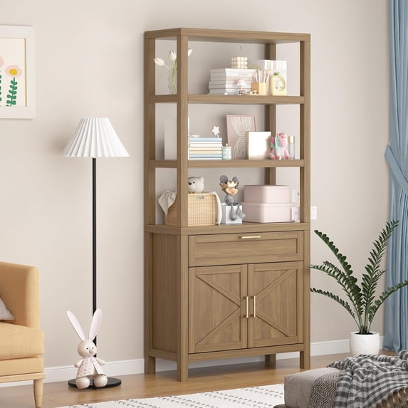 Homhougo Bookshelf, 71" 6-Tier Bookcase with Doors & Drawer, Adjustable Shelves, Farmhouse Storage Cabinet for Home Office, Living Room, Bedroom