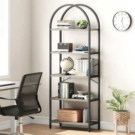 Homhougo-Bookshelf Arched Bookcase 5 Tier Display Racks Tall Standing Bookshelves Modern Storage Rack Shelf Wood Book Shelf for Bedroom