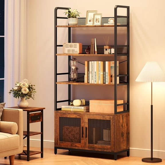 Homhougo Bookshelf, Farmhouse Bookshelf with Doors, 4-Tier Rustic Industrial Bookcase with Mesh Cabinet, Metal Frame Tall Display Rack for Living Room, Bedroom, Home Office, Brown