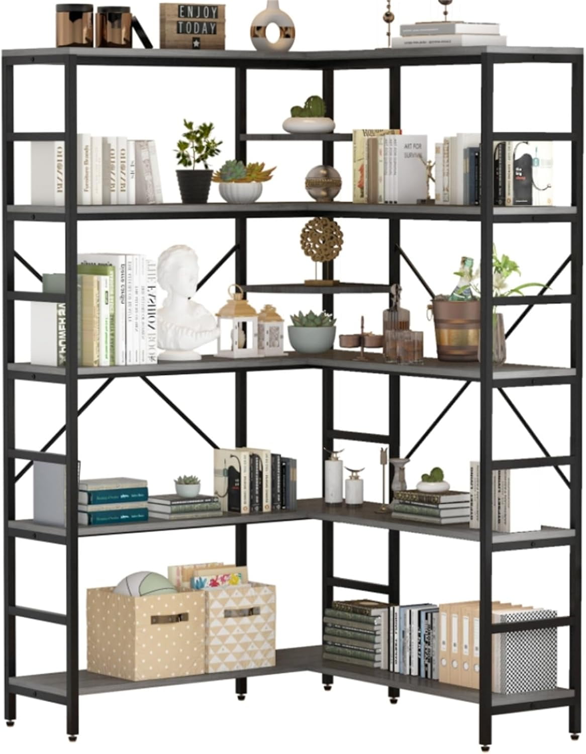 Gray 5-Tier Adjustable Corner Bookshelf with Metal Frame