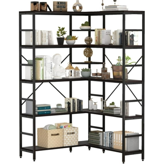 Homhougo Bookshelf, L-Shaped Corner Bookshelf, 5-Tier Industrial Bookcase with Heavy-Duty Metal Frame, Tall Storage Display Shelf for Bedroom, Living Room, and Home Office