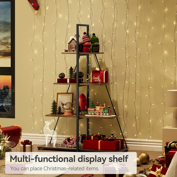 Homhougo Bookshelf, Ladder Shelf, 4-Tier Bookshelf, A-Shaped Bookcase with Steel Frame, Storage Shelf for Christmas Village Display Stand, Living Room, Kitchen, Bedroom