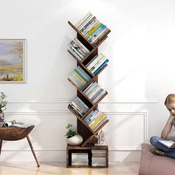 Homhougo Bookshelf, Tree Bookshelf with Storage, 8-Tier Wooden Tall Bookcase, Floor Standing Bookcase for Kids & Adults – Utility Organizer Shelves for Living Room, Bedroom, Home Office, Brown