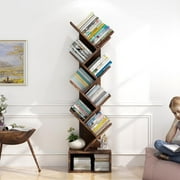 Homhougo Bookshelf, Tree Bookshelf with Storage, 8-Tier Wooden Tall Bookcase, Floor Standing Bookcase for Kids & Adults   Utility Organizer Shelves for Living Room, Bedroom, Home Office, Brown