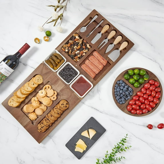 Homhougo—Charcuterie Board Set & Cutting Board, Acacia Wood Cheese Board with Knife Set, Extra Large Cheese Platter with Bowl, Fork, Spoon, Serving Platters and Trays