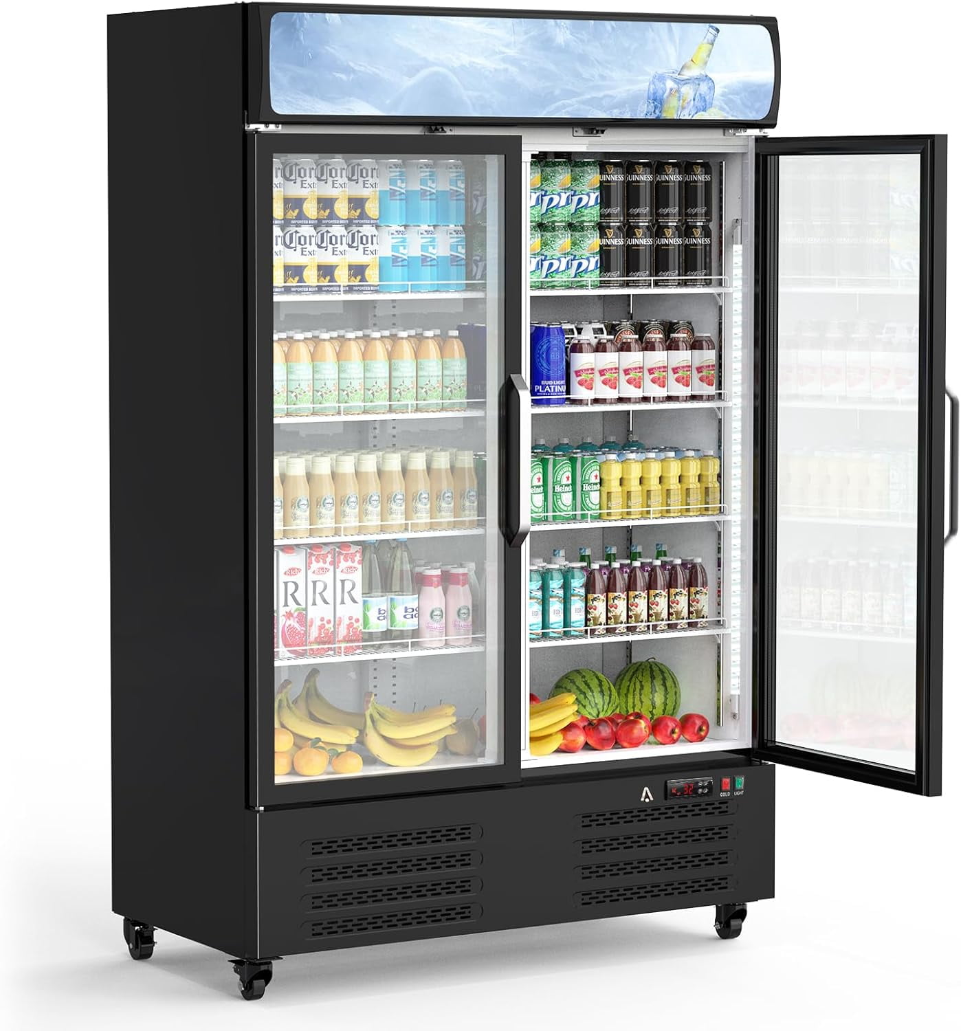 Homhougo Commercial Glass Door Refrigerator with LED Lighting - 36.3 Cu.Ft Upright Beverage Cooler with Double Swing Doors, Ideal for Home, Store, Gym, or Office