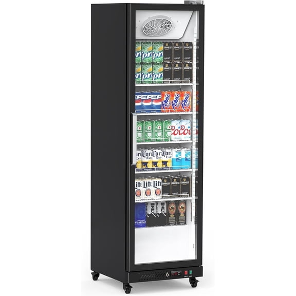 Homhougo Commercial Refrigerator, 12.4 Cu Ft Display Refrigerator Commercial, Upright Beverage Cooler With Reinforced Glass Door Fridge, Adjustable Shelves, Drink Organizers, Soft Led Light, Black