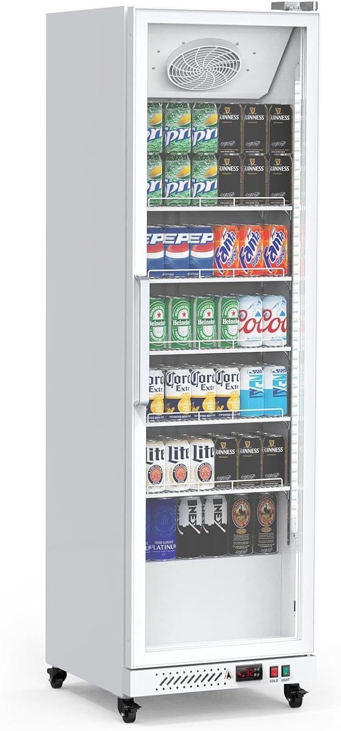 Homhougo Commercial Refrigerator, 12.4 Cu Ft Display Refrigerator Commercial, Upright Beverage Cooler With Reinforced Glass Door Fridge, Adjustable Shelves, Drink Organizers, Soft Led Light, White