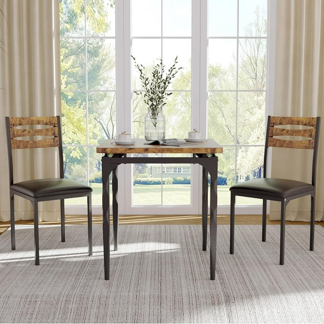 Homhougo Dining Table Set for 2, 3 Piece Dining Table and Chairs Set of 2, Dining Table Set with Spiral Table Legs for Small Spaces, Kitchen, Apartment, Brown