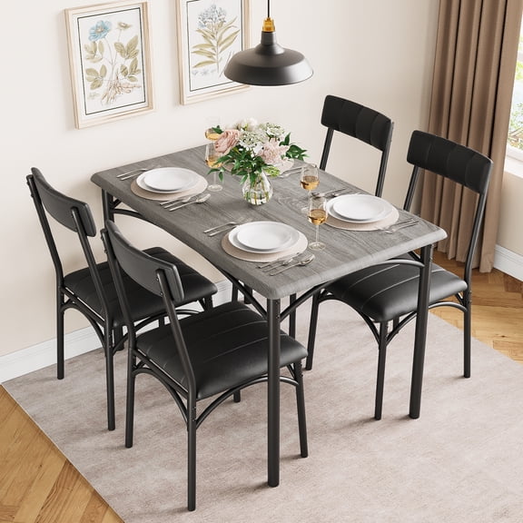 Homhougo Dining Table Set for 4, Kitchen Table and Chairs, Metal and Wood Rectangular Dining Room Table Set with 4 Upholstered Chairs, 5 Piece Dining Set for Small Space, Apartment, Grey