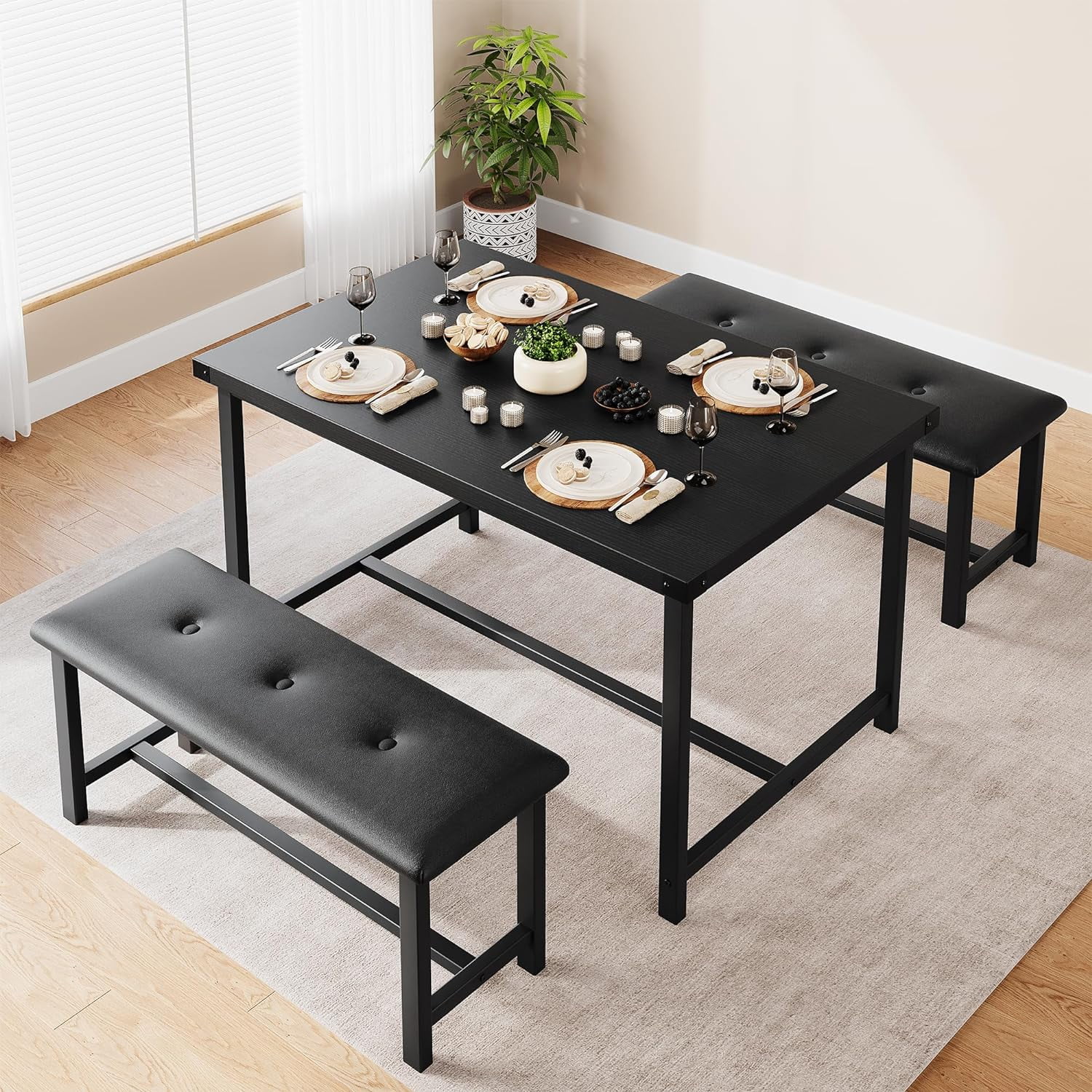 Homhougo-Dining Table Set for 4, Kitchen Table with Benches ...