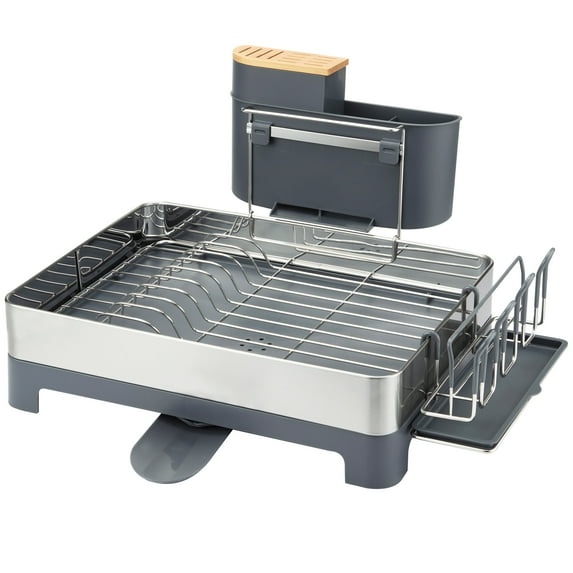 Homhougo Dish Drying Rack Stainless Steel Dish Rack Drainers with 360° Swivel Spout and Drainboard, Fingerprint-Proof Dish Drainers with Utensil Holder for Kitchen Counter