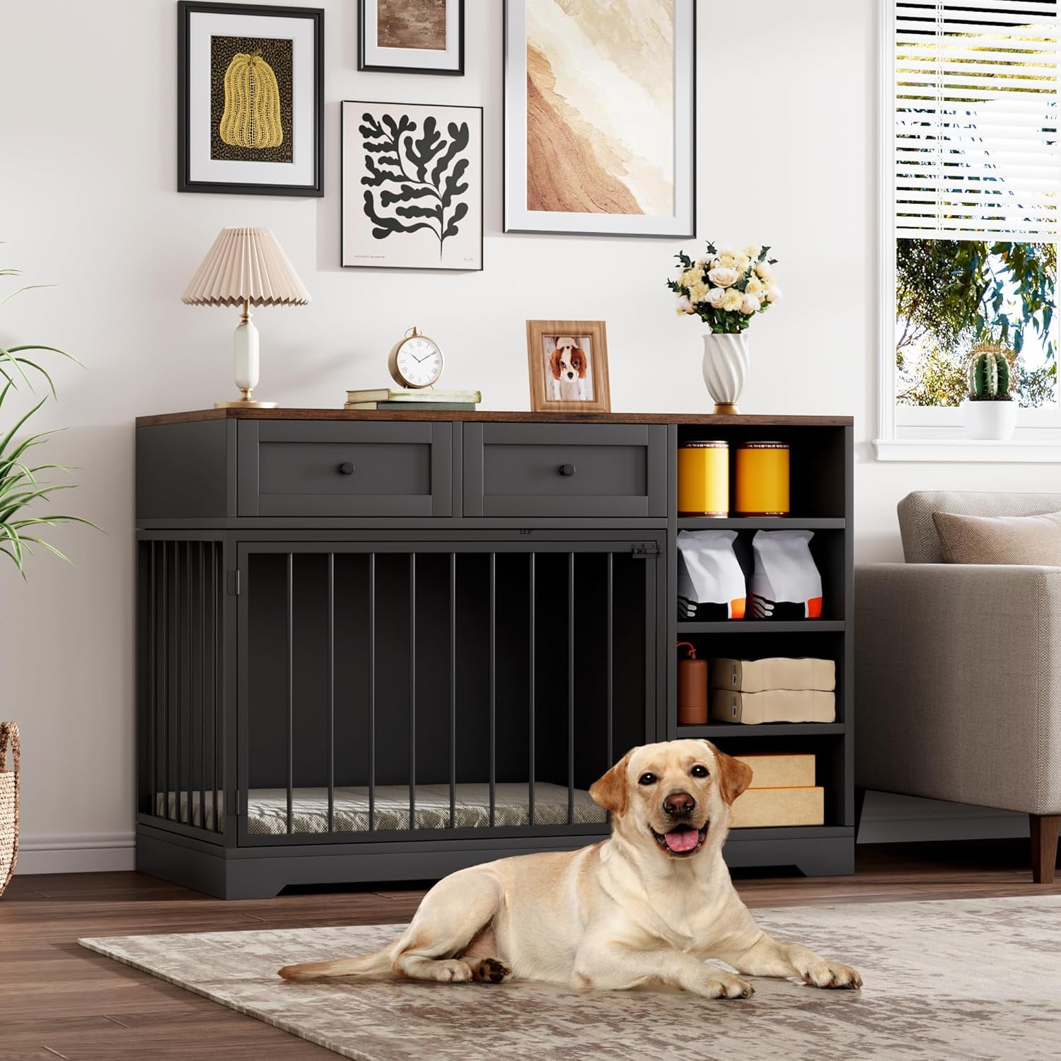 Homhougo Dog Crate Furniture 47”, Large Dog Crate TV Stand with 2 Drawers and 4 Shelves, Wooden Dog Kennel Indoor, Decorative Dog Cage with Storage for Large Dogs, Black