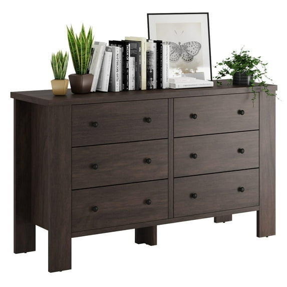 Homhougo Drawer Chest Dresser Nightstand Organizers Small Wood Bedroom Furniture with 6 Drawers and Metal Round Shape Handle for Living Room and Bedroom