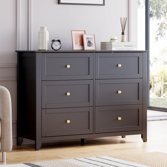 Homhougo Dresser for Bedroom 6 Drawer Black, Wood Organizer Storage Cabinet with Round Handle, Chest of Drawers for Closet, Living Room, Hallway, Nursery, Kids Bedroom