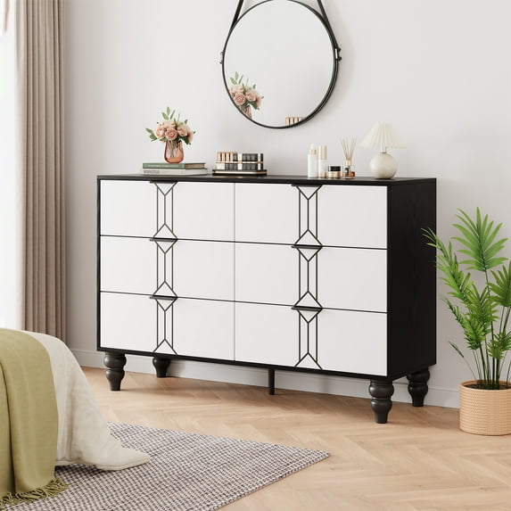 Homhougo Dresser for Bedroom 6 Drawer, Wood Organizer Storage Cabinet with Vintage Pattern Design, Chest of Drawers for Closet, Living Room, Hallway, Nursery, Kids Bedroom, Black+White