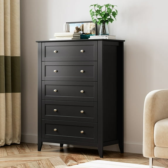 Homhougo Dresser for Bedroom Black with 5 Drawers, Tall Wood Organizer Storage Cabinet with Round Handle, Chest of Drawers for Closet, Living Room, Hallway, Nursery, Kids Bedroom