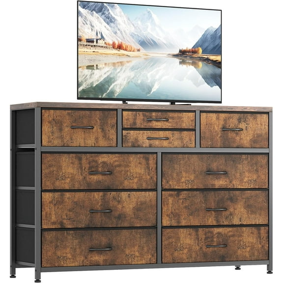 Homhougo Dresser for Bedroom TV Stand for 55” TV, Entertainment Center with 10 Drawers, Storage Organizer Unit for Living Room, Closet, Entryway, Hallway (Rustic Brown)